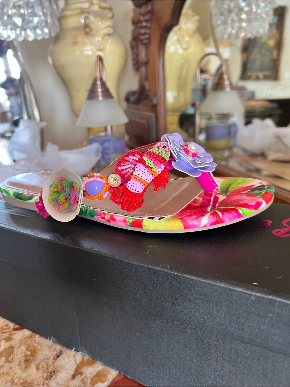 Betsey Johnson Pink Multi Floral Beaded Slide Sandals - Picture 12 of 14